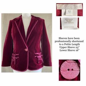 AUSTIN REED Sz 12 Cranberry Red Velvet Satin Trim Jacket / Shortened Sleeve 23"